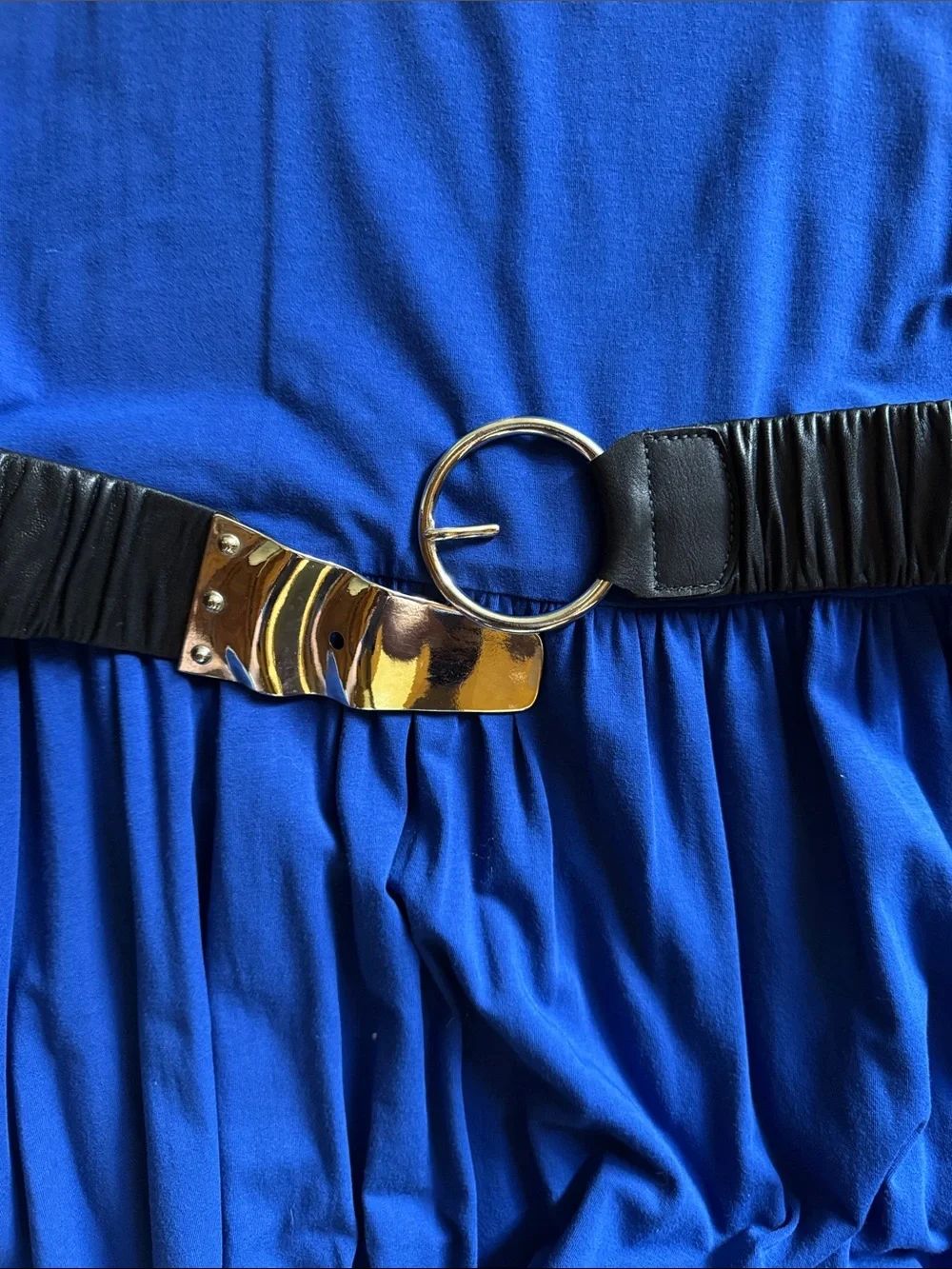 Black Ruched Stretch Belt with Silver Tone Buckle